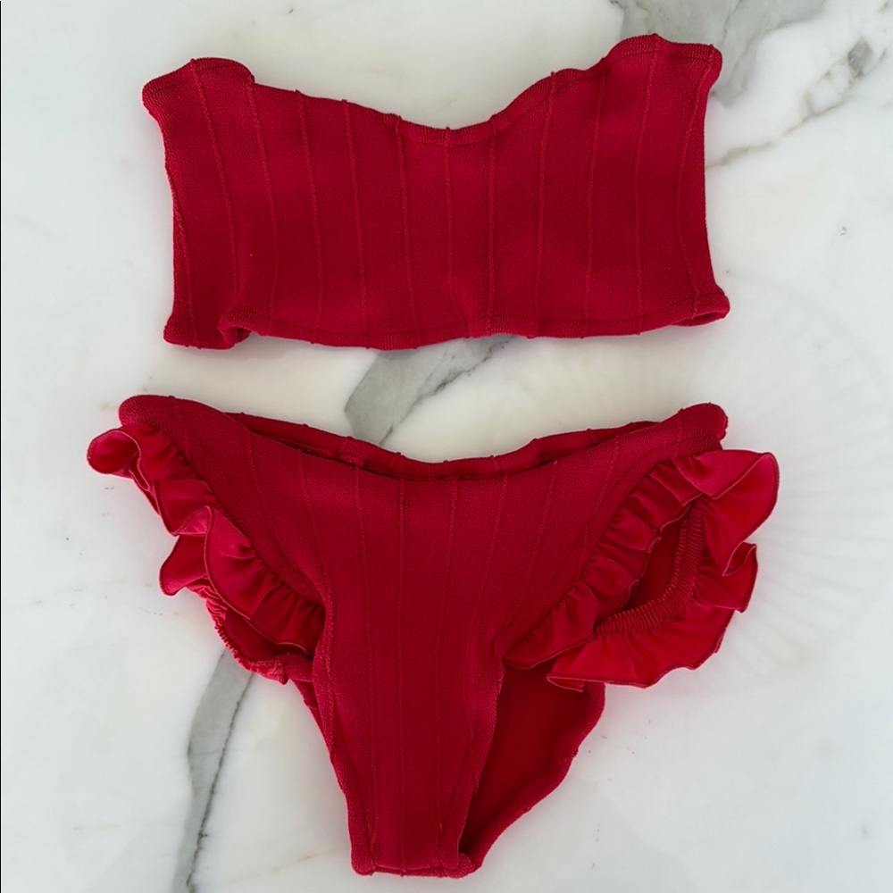 HUNZA G Red Ruffled Bikini Set